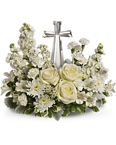 <p data-start="136" data-end="492">Offer solace and serenity with Teleflora’s Divine Peace, a beautifully composed sympathy arrangement that surrounds a radiant crystal cross with soft, pure white blooms. This thoughtful tribute brings comfort, light, and spiritual reflection to those mourning the loss of a loved one.</p>
<p data-start="494" data-end="796">This elegant bouquet features a fragrant mix of white roses, alstroemeria, stock, carnations, and waxflower. Accented with dusty miller and variegated pittosporum, the flowers are artfully arranged around an exclusive Crystal Cross keepsake—an inspiring centerpiece that adds meaning beyond the blooms.</p>
<p data-start="798" data-end="1020">Teleflora’s Divine Peace is an ideal expression of sympathy, faith, and remembrance. Whether sent to a memorial service, funeral, or directly to the home, this arrangement offers both comfort and beauty in a time of grief.</p>
<p data-start="1022" data-end="1277">Each bouquet is handcrafted by Rosa’s La Hacienda, your trusted local florist in Boca Raton. We provide same-day flower delivery throughout Boca Raton and surrounding communities, with every tribute arranged locally and delivered with compassion and care.</p>
<p data-start="1279" data-end="1531">Want to share a personal message of condolence? Add your note during checkout to accompany this graceful tribute. With Teleflora’s Divine Peace, you're sending more than flowers—you’re offering a keepsake of faith and a heartfelt expression of support.</p>
<p data-start="1533" data-end="1619">Order today from Rosa’s La Hacienda and let your sympathy be felt with grace and love.</p>